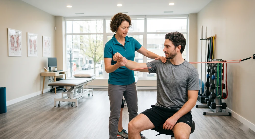 shoulder pain treatment Hamilton A physiotherapist guiding a patient through rotator cuff strengthening exercises using a resistance band