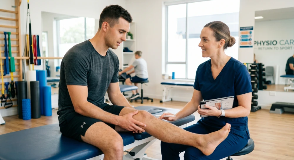 Athlete consulting with a physiotherapist regarding a sports injury and return-to-play strategy.