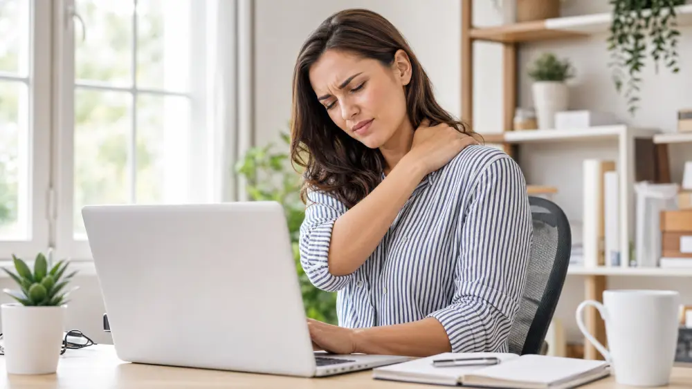 text neck Individual experiencing neck stiffness and shoulder pain from prolonged computer use.