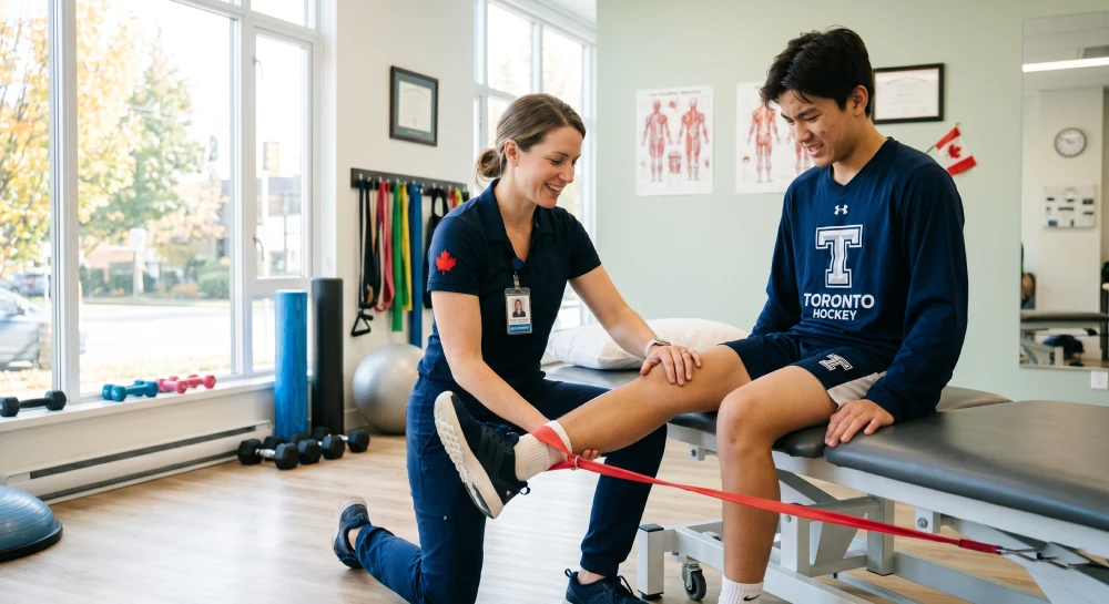 A physiotherapist helping a teenage athlete recover from a sports injury with targeted strengthening exercises.