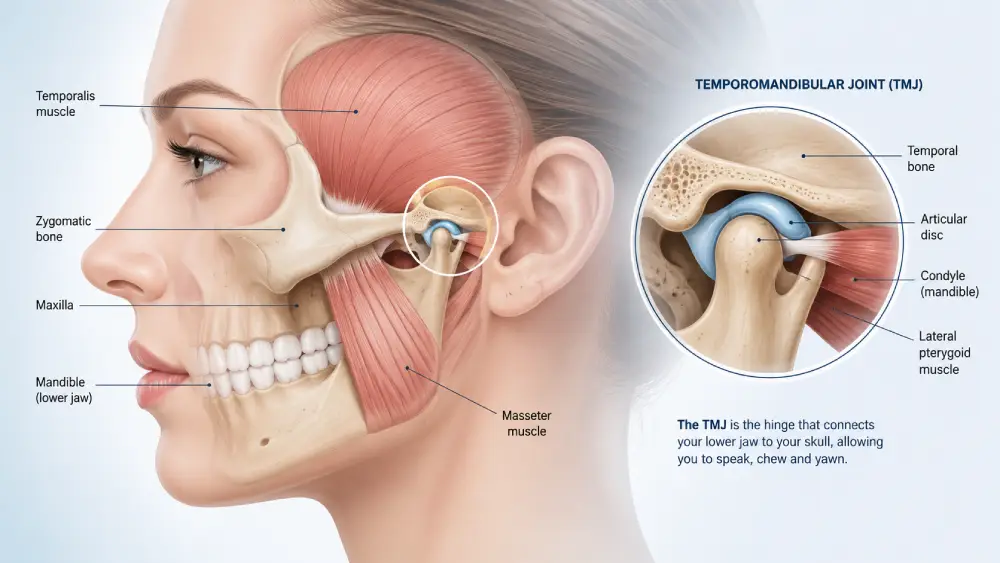 TMJ physiotherapy Hamilton Medical diagram showing the anatomy of the temporomandibular joint and surrounding jaw muscles.
