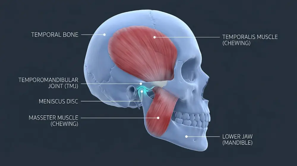 Anatomy of the Temporomandibular Joint (TMJ) 3D illustration of the TMJ anatomy showing the jaw bone, meniscus, and chewing muscles.
