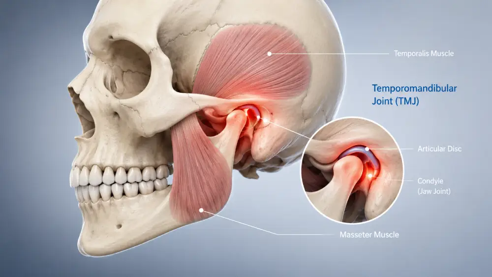 jaw pain treatment Hamilton 3D medical illustration highlighting the TMJ and jaw muscles experiencing pain.