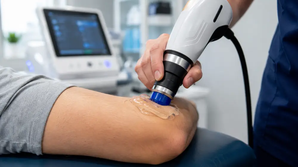 Close-up of a shockwave therapy machine applicator treating tennis elbow pain.