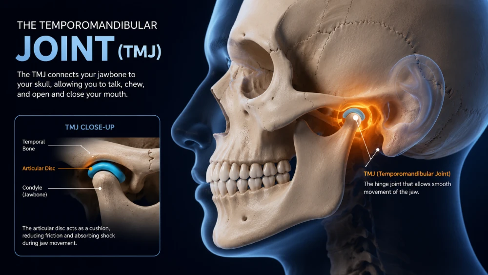 A medical illustration showing the anatomy of the Temporomandibular Joint (TMJ) and the cartilage disc responsible for jaw clicking.