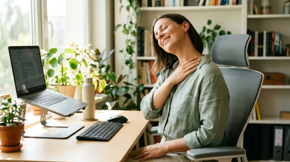 Posture Correction and TMJ Jaw Exercises Patient performing gentle jaw stretches and maintaining proper neck posture to relieve TMJ pain.