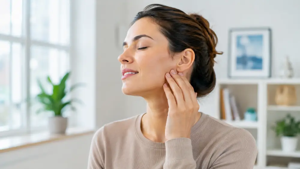 TMJ pain Hamilton Person gently massaging their jaw experiencing relief from TMJ pain.