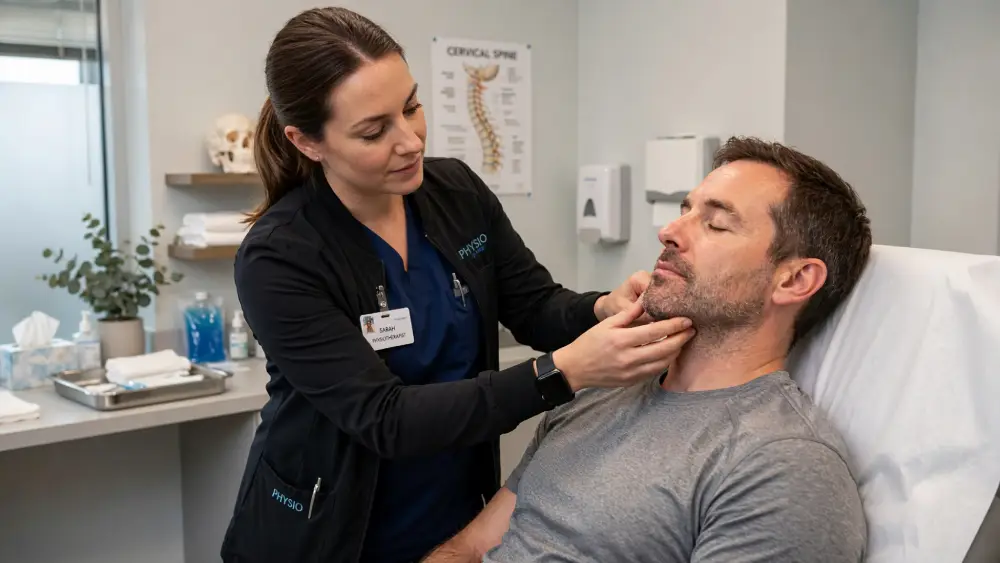 jaw pain physiotherapy Physiotherapist performing manual therapy on a patient's jaw and neck.