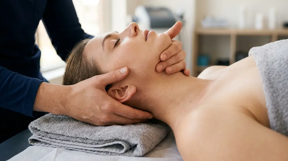TMJ Physiotherapy and Manual Therapy Treatment Physiotherapist performing manual therapy and soft tissue release on a patient's jaw for TMJ relief.