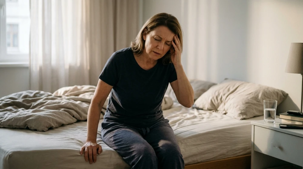 Person sitting on bed experiencing sudden vertigo and dizziness symptoms
