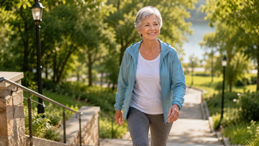 An older adult walking confidently outdoors, demonstrating a return to stability and balance after successful physiotherapy for dizziness.