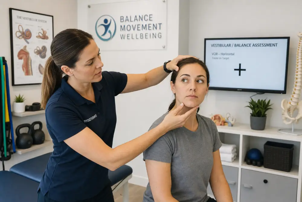 residual dizziness after BPPV Vestibular physiotherapist evaluating a patient's balance and eye tracking during an assessment.