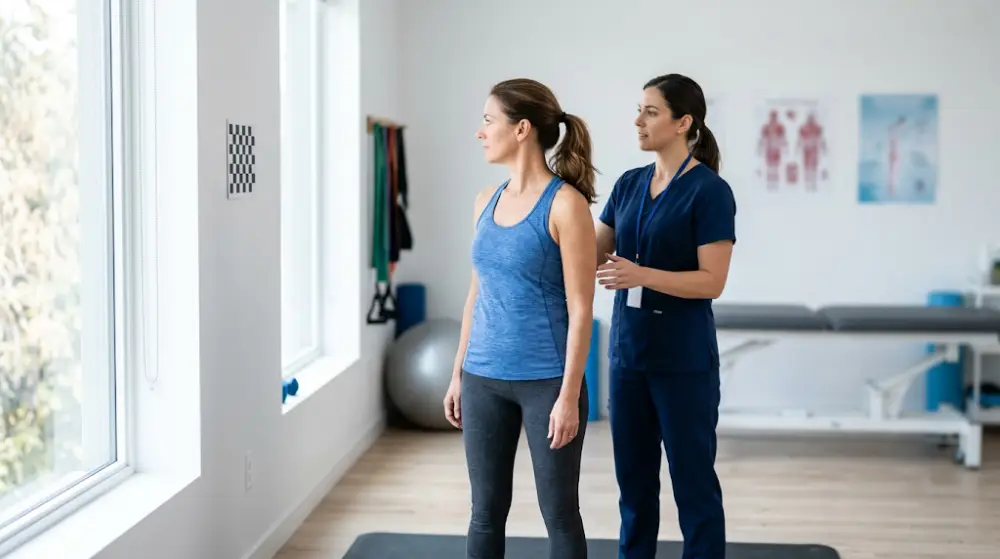 Patient performing a gaze stabilization exercise with a physiotherapist for dizziness after concussion