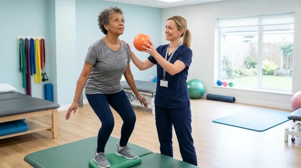BPPV dizziness Patient doing vestibular rehabilitation exercises to improve balance and reduce dizziness.
