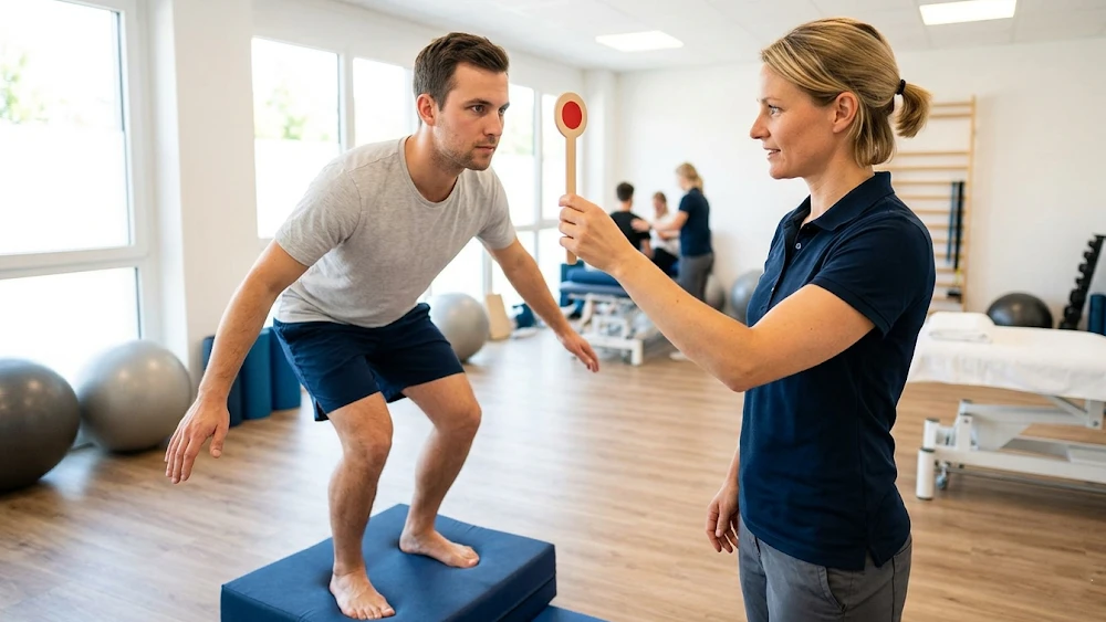 concussion recovery A physiotherapist helping a concussion patient with vestibular rehabilitation and balance training.
