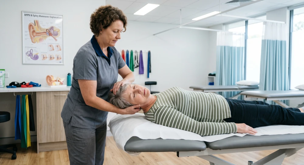 lightheadedness symptoms A physiotherapist performing the Epley maneuver on a patient to treat benign paroxysmal positional vertigo (BPPV)