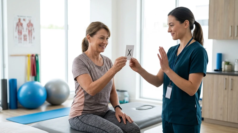 Physiotherapist guiding a patient through vestibular rehabilitation exercises