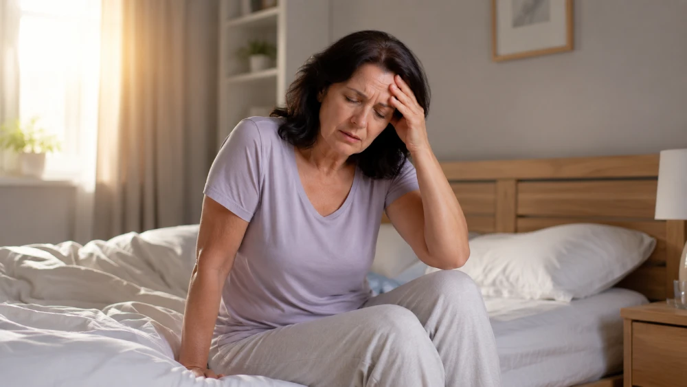 A person experiencing a sudden dizzy spell and vertigo while sitting on the edge of the bed in the morning.